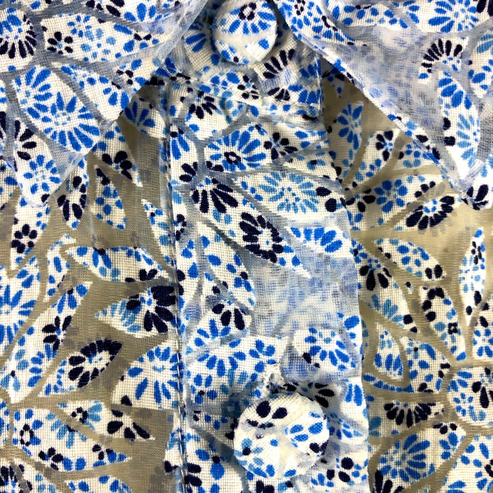 Zara Sheer Puff Sleeve Blouse with Collar White with Blue & Navy Floral Print M